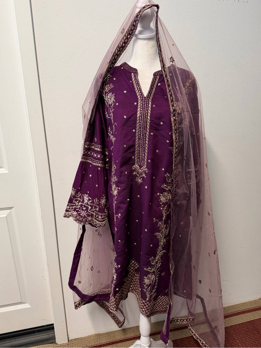 Sha Posh Purple Pakistani 3 Piece Suit Gold Embroidery Dupatta Size L